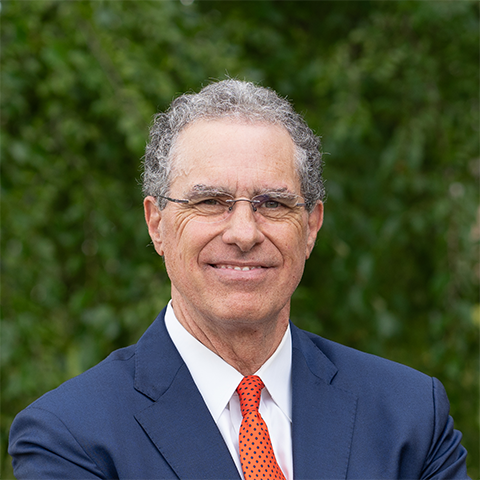 Professional man in a navy suit and red tie, outdoors with greenery in the background, smiling at the camera.