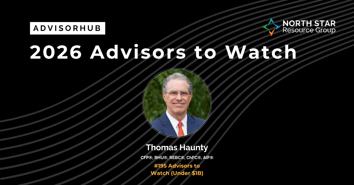 Hero slide: '2026 Advisors to Watch' with logos for AdvisorHub (left) and North Star Resource Group (right) over a black curved-line background, featuring a circular headshot of Thomas Haunty and his name below.