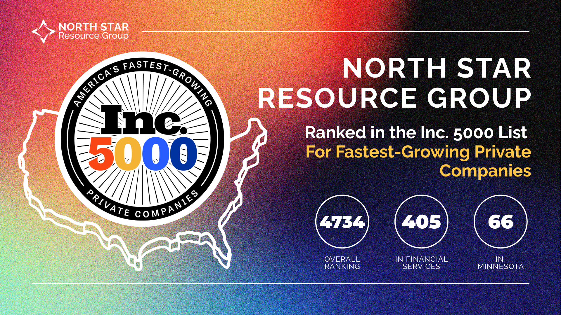 Banner announcing North Star Resource Group's Inc. 5000 ranking on a colorful gradient background with the Inc. 5000 seal and North Star branding.