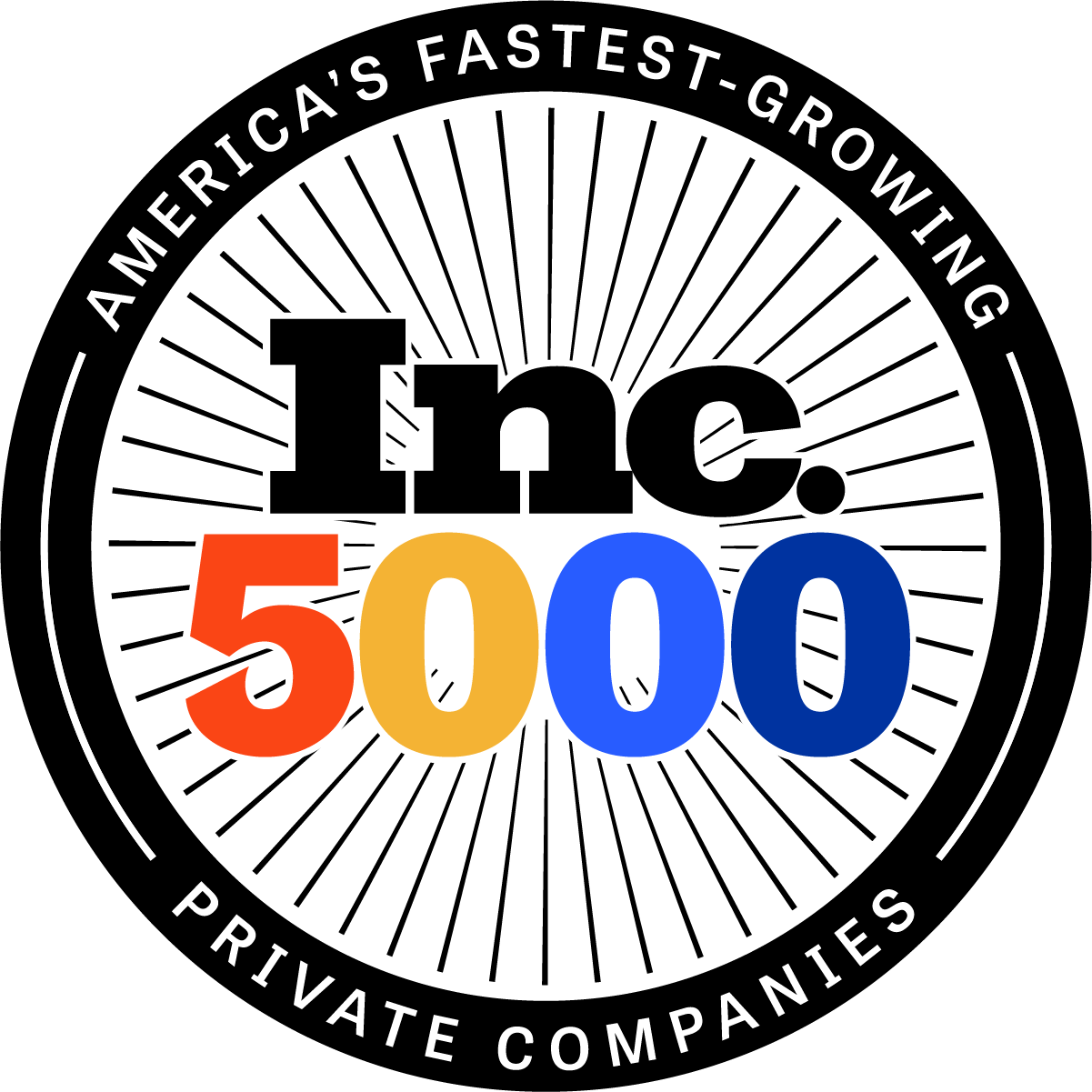 Circular award badge with 'Inc. 5000' and radiating lines; outer rim reads 'America's Fastest-Growing Private Companies'.