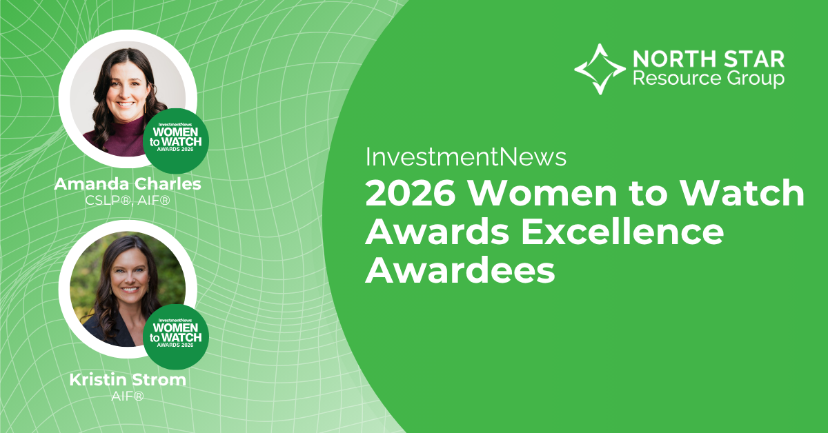 Green banner announcing InvestmentNews 2026 Women to Watch Awards Excellence Awardees, featuring Amanda Charles and Kristin Strom with circular headshots and ‘Women to Watch Awards 2026’ badges on a grid-patterned left panel.