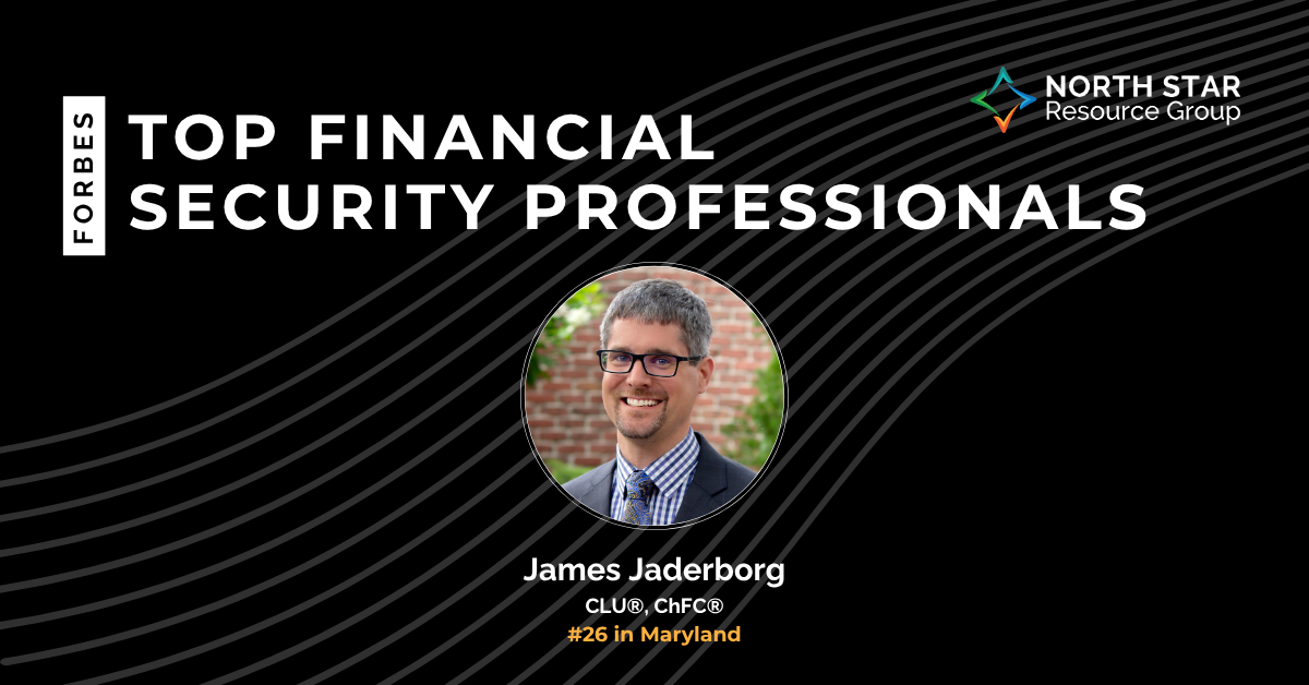 Forbes Top Financial Security Professionals banner featuring James Jaderborg, circular portrait, and North Star Resource Group logo.