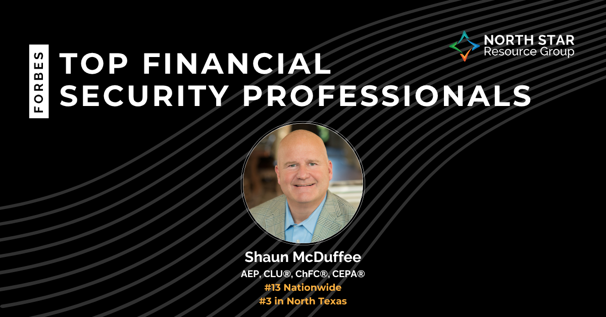 Forbes banner: Top Financial Security Professionals featuring Shaun McDuffee with North Star Resource Group logo in a black curved-line backdrop.