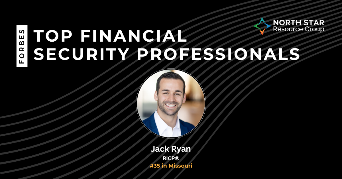 Banner for Forbes Top Financial Security Professionals featuring Jack Ryan's photo and the text '#35 in Missouri' (North Star Resource Group logo visible). It highlights a profile highlight.