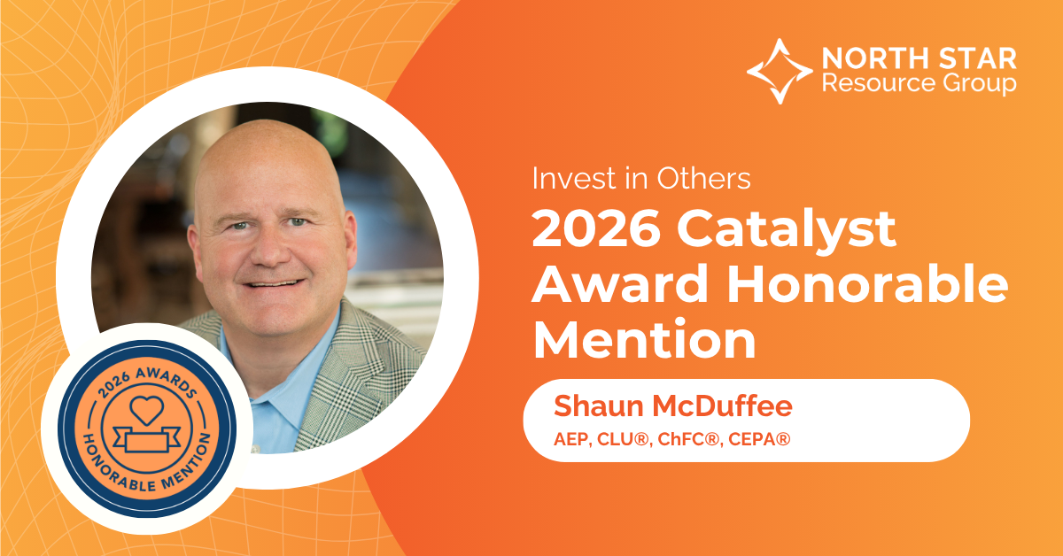 Portrait of Shaun McDuffee in a white circular frame beside an orange gradient background with the 2026 Catalyst Award Honorable Mention and North Star logo