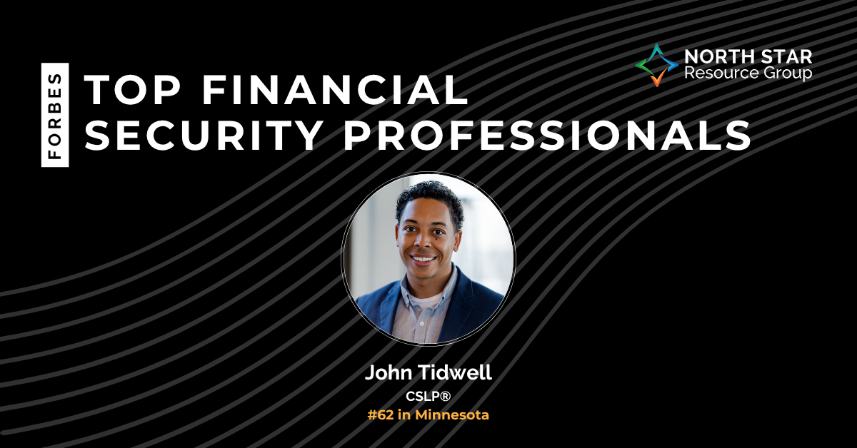 Forbes Top Financial Security Professionals banner featuring John Tidwell with his circular portrait and North Star Resource Group logo on a black wavy-line background.